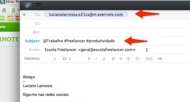 como enviar email para o Evernote