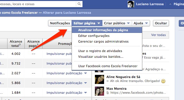 atualizar informacoes da pagina de facebook