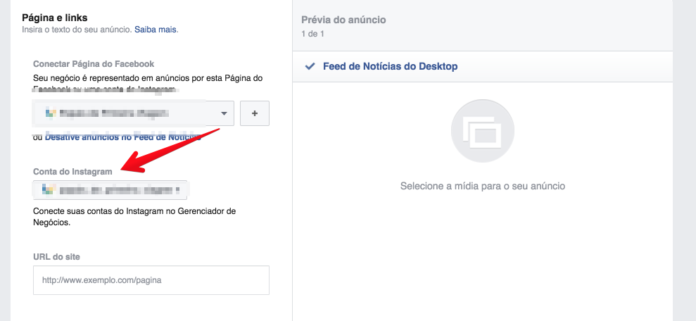Selecionar conta do Instagram no anuncio de Facebook