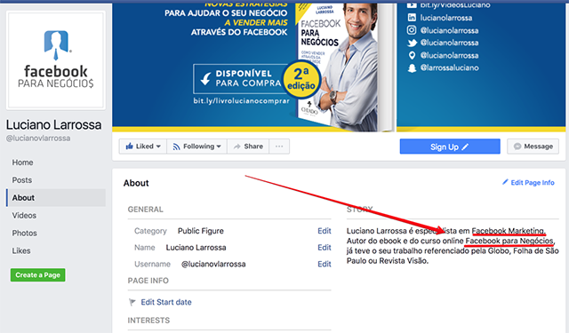 preencher o sobre na fan page