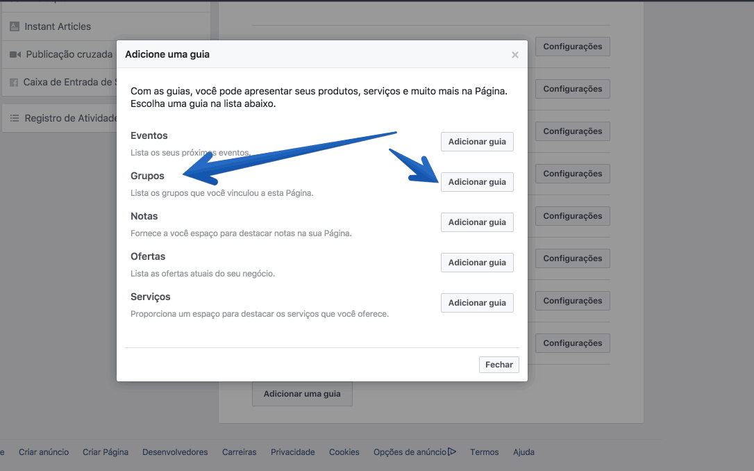 adicionar grupo na fan page guias