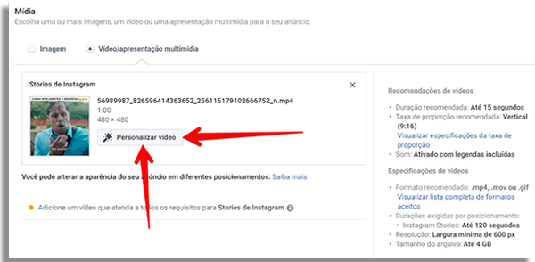 personalize seus video ads dentro do gerenciador