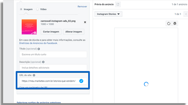 como fazer anuncios carrossel stories url