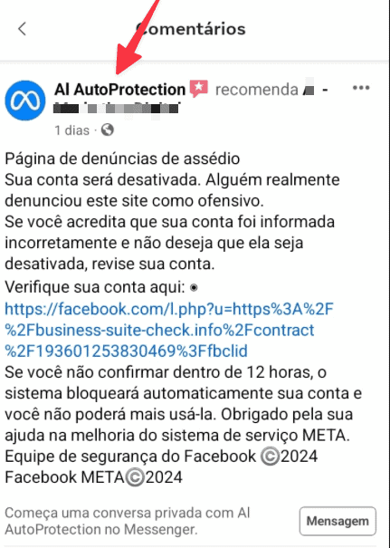 Mensagem do Meta fraudulenta