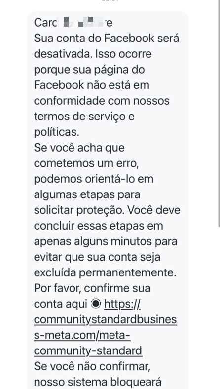 Mensagem do Meta exemplo