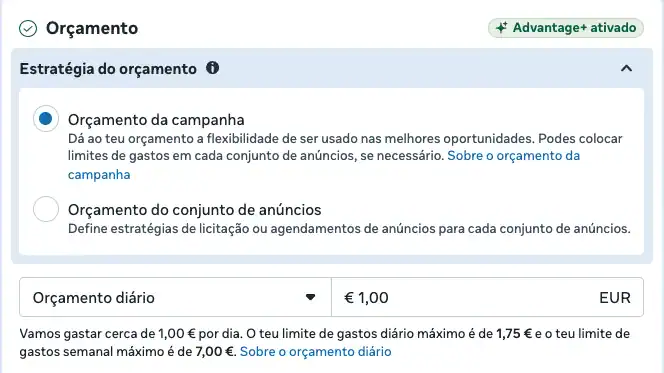 Orçamento diário mínimo de 1 € no Gestor de Anúncios da Meta, com limite de 1,75 € por dia e 7 € por semana
