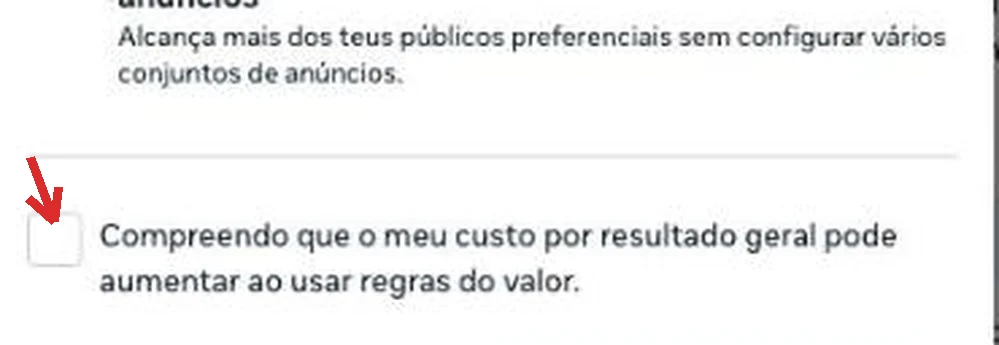 Caixa de confirmação a avisar que o custo por resultado geral pode aumentar ao usar regras do valor
