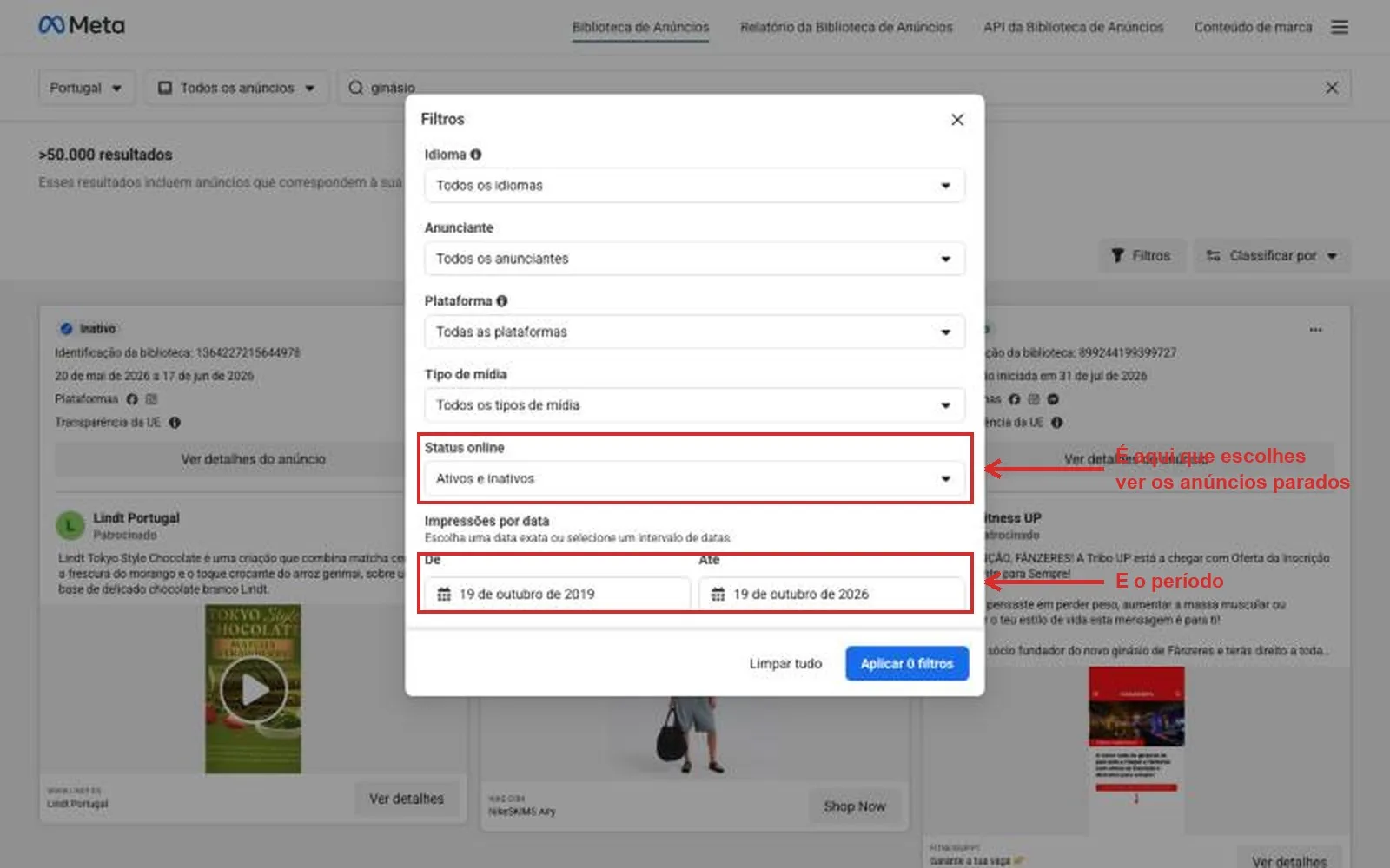 Painel de filtros da biblioteca de anúncios, com o filtro de estado online