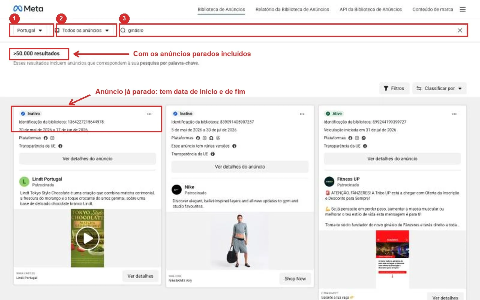 Resultados da biblioteca de anúncios da Meta para a pesquisa ginásio em Portugal