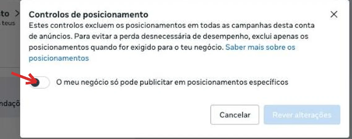 Interruptor O meu negócio só pode publicitar em posicionamentos específicos no painel Controlos de posicionamento