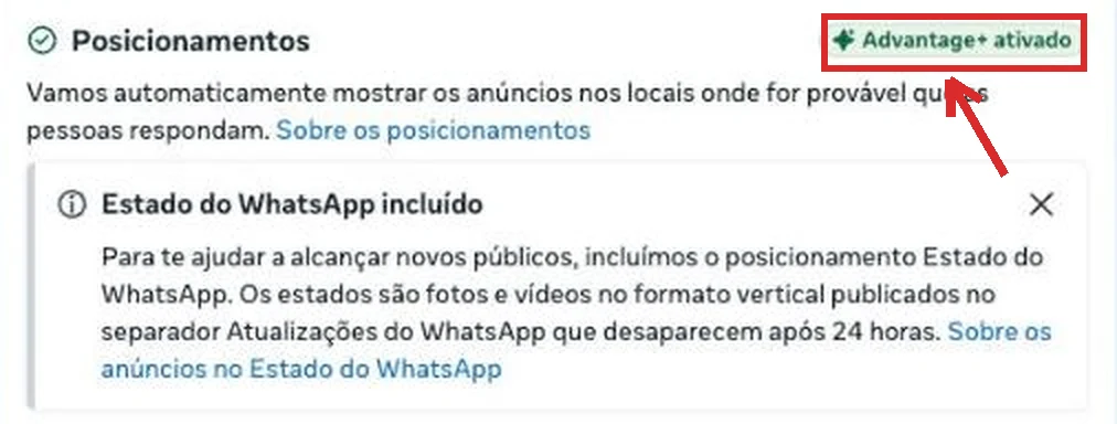 Secção Posicionamentos do conjunto de anúncios com a etiqueta Advantage+ ativado e sem lista de posicionamentos manuais